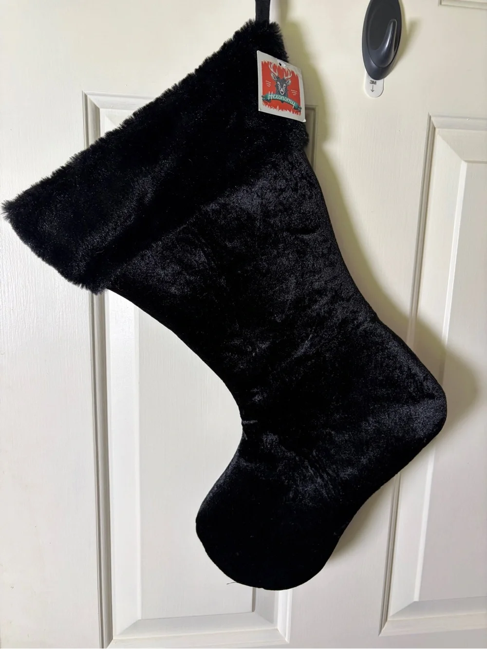 Black Velvet Holiday Stocking with Gold Skeleton Hand Embroidery